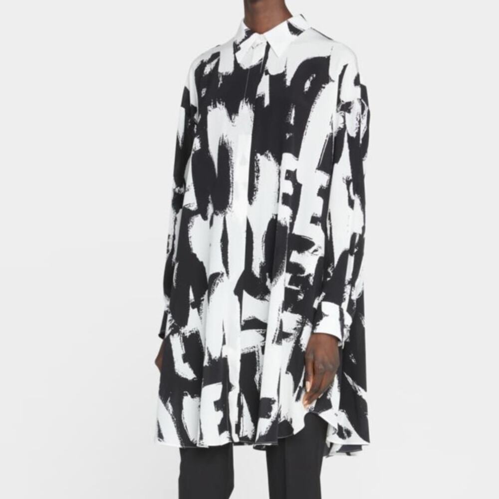 Alexander McQueen Graffiti Silk Abstract Print Shirtdress Avant Garde Monochrome